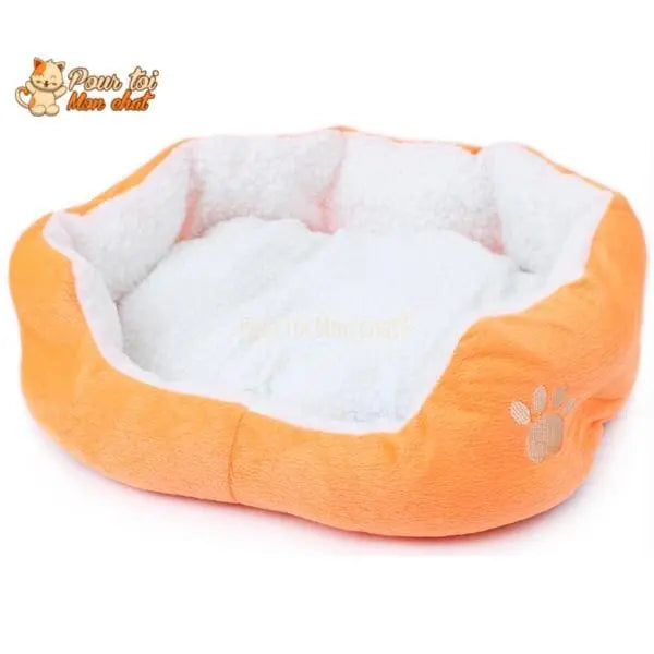 Coussin chat, maison pour chat, niche pour chat, Confort'Chat™ orange sur fond blanc, logo Pour toi Mon chat en haut à gauche