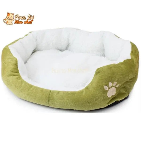 Coussin chat, maison pour chat, niche pour chat, Confort'Chat™ vert sur fond blanc, logo Pour toi Mon chat en haut à gauche