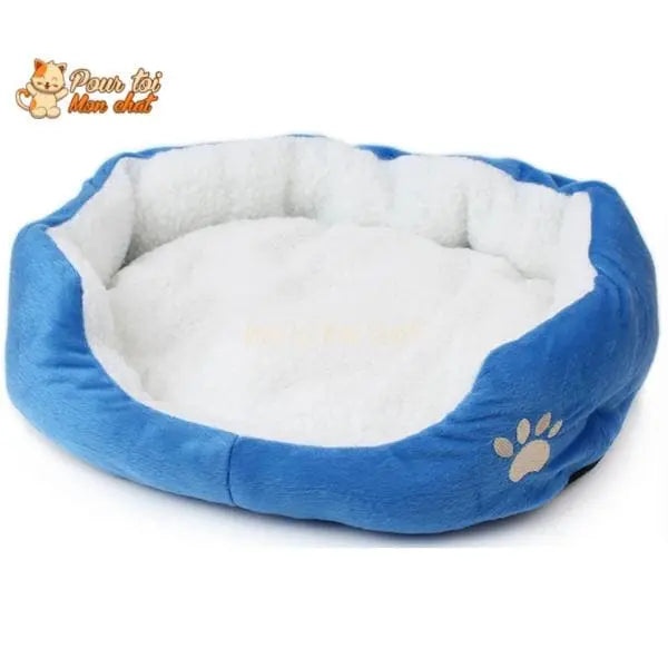 Coussin chat, maison pour chat, niche pour chat, Confort'Chat™ bleu sur fond blanc, logo Pour toi Mon chat en haut à gauche