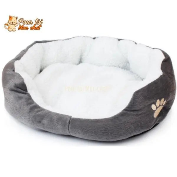 Coussin chat, maison pour chat, niche pour chat, Confort'Chat™ gris sur fond blanc, logo Pour toi Mon chat en haut à gauche